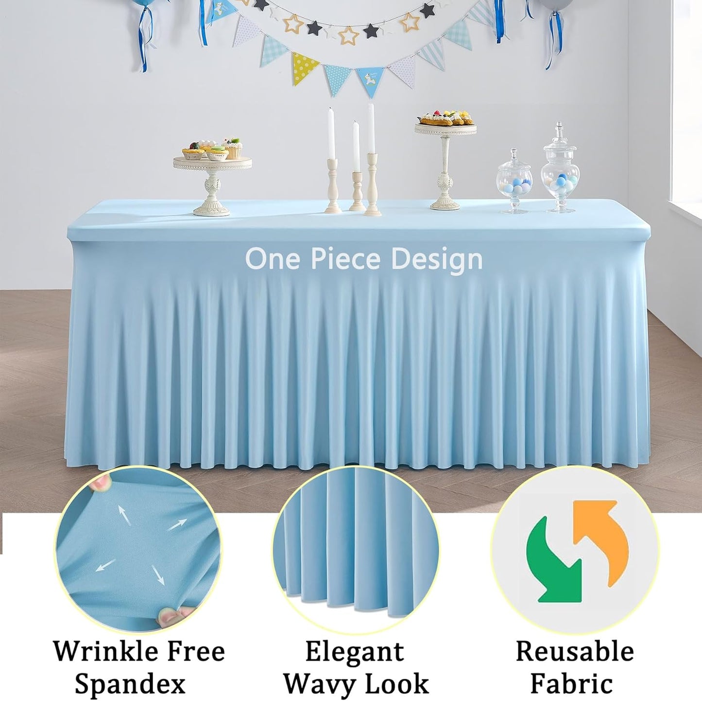 4 Pack Spandex Baby Blue Tablecloths for 6 Foot Rectangle Tables, Wrinkle Free Fitted Table Cloth 6ft Stretchy Tablecover Skirt for Parties Weddings Birthday Banquet Baby Shower