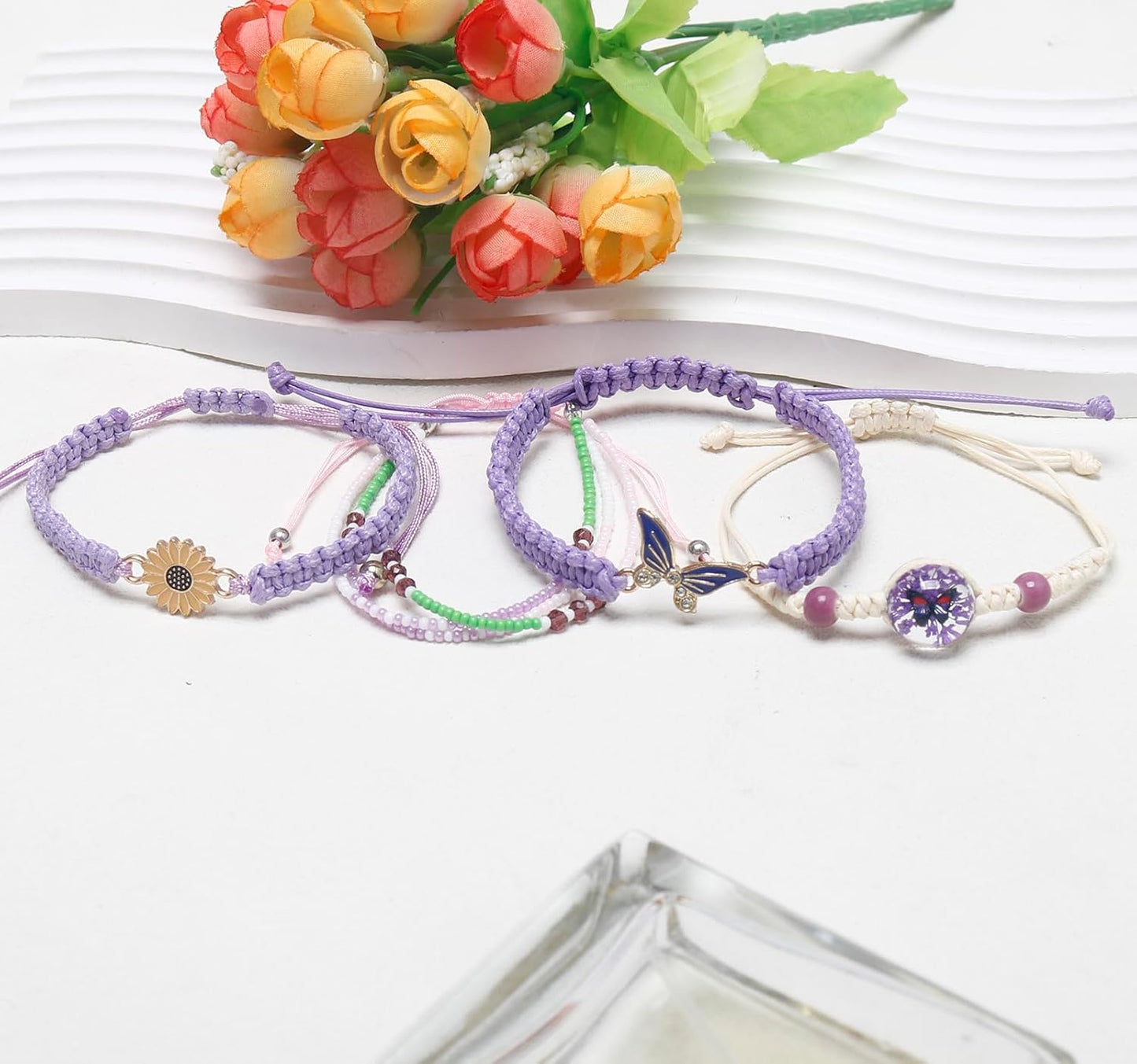 DS 4PCS String beads Charm Bracelets for Teen Girls Dainty cute cartoon Butterfly Daisy Eternal flower Beads Bracelets set for woman and girls Adjustable Stretch bracelet birthday Gift For Friends