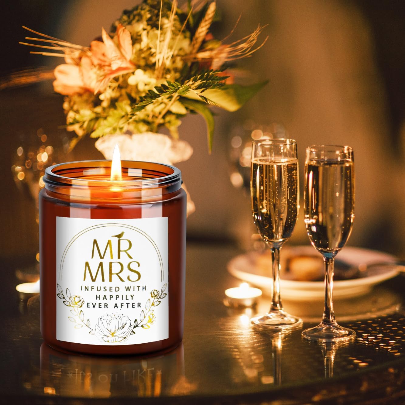 Wedding Gifts for Bride, Groom - Mr and Mrs Candle - Happy Engagement Gift for Her, Bride to Be - Gifts for Bridal Shower, Newlywed, Married Couples Anniversary - Jasmine Scented Soy Candle