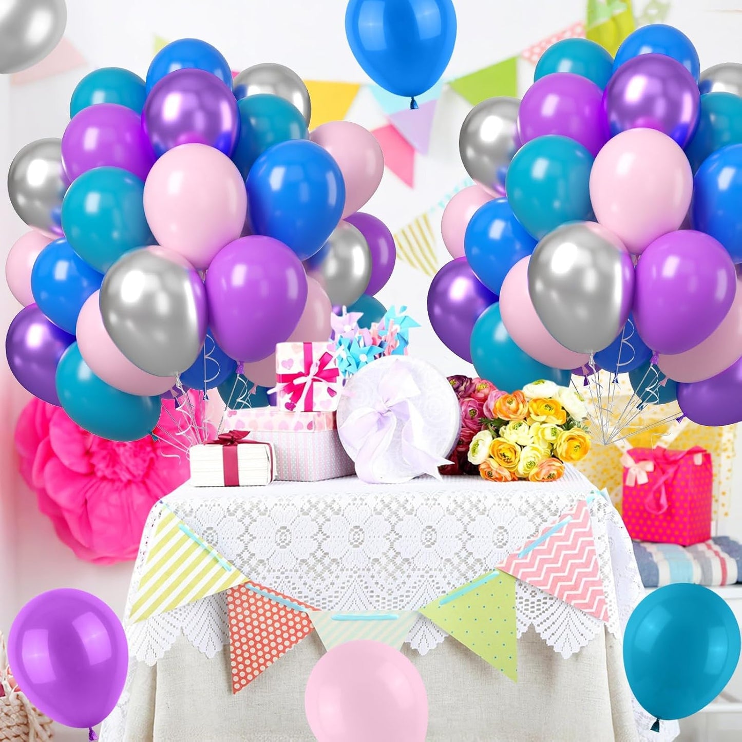 Pink Blue Purple Balloons, 50PCS 12 Inchs Pink Metallic Blue Silver Theme Balloon Latex Balloons for Kids Birthday Hawaii Tropical Party Supplies Baby Shower Party Decorations