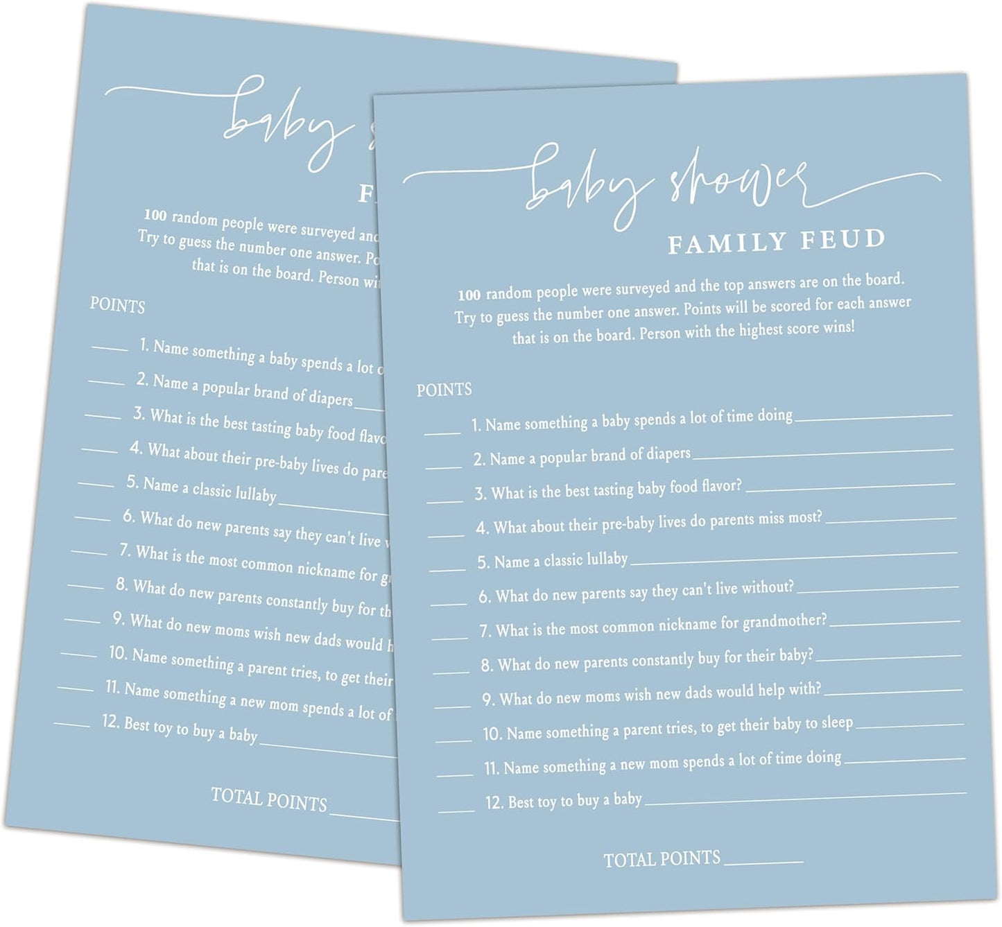 Baby Shower Family Feud Game - 30 Cards, Answer Key, Gender Neutral Decorations for Boy & Girl - Bluish