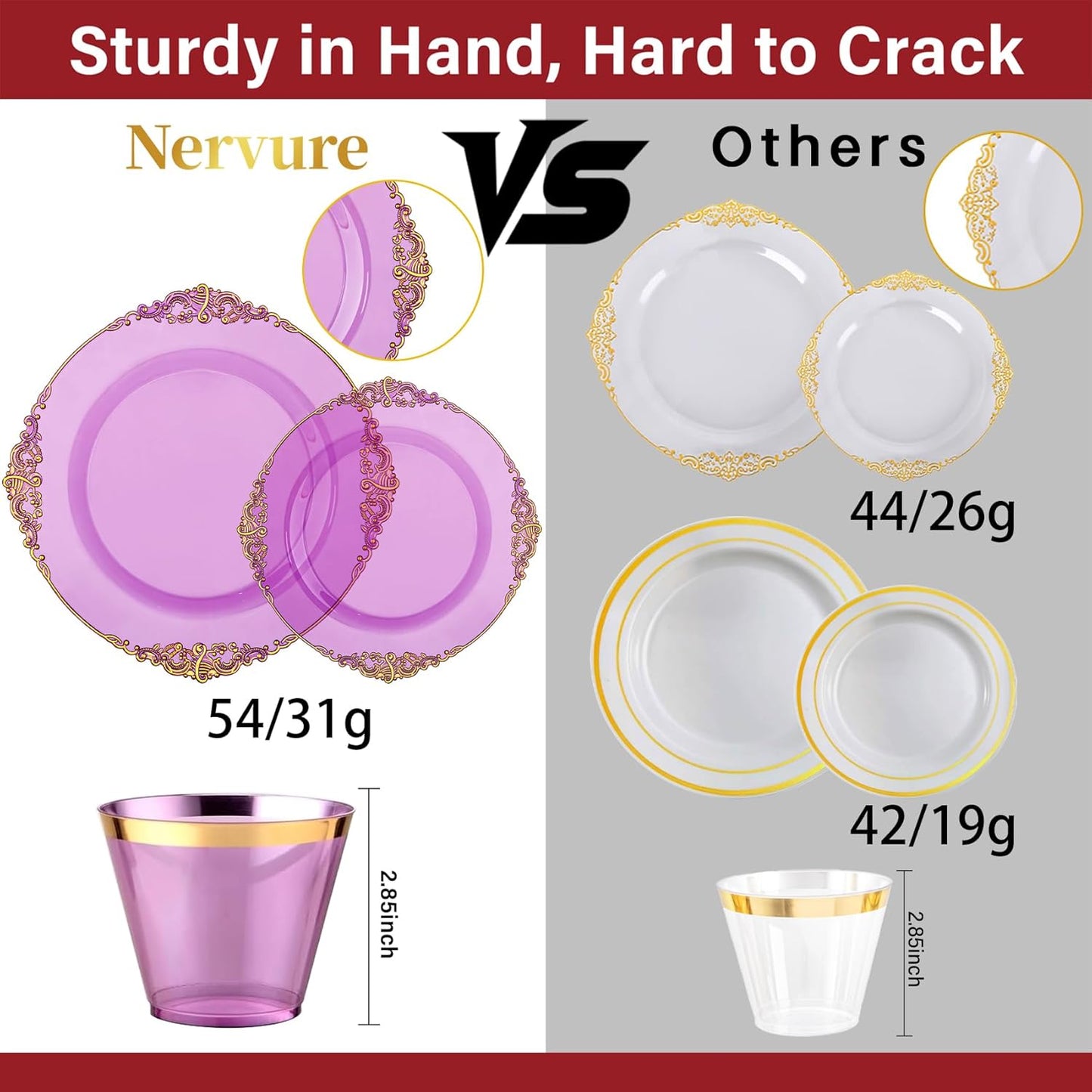 Nervure 175PCS Purple Plastic Plates - Disposable Purple Gold Party Plates & Pre Rolled Napkins with Cutlery for 25 Guests, 50Plates, 75Silverware, 25Cups, 25Napkin for Wedding & Party