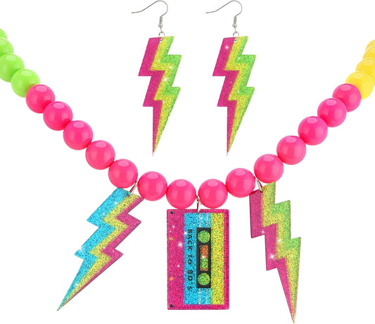 80s Outfits Costume Accessories for Women 80s Necklace Neon Beaded Necklaces for Glow Party Beads Necklaces with Lightning Earrings Tape Neon Jewelry Set for Women 80's Party Favors Decorations
