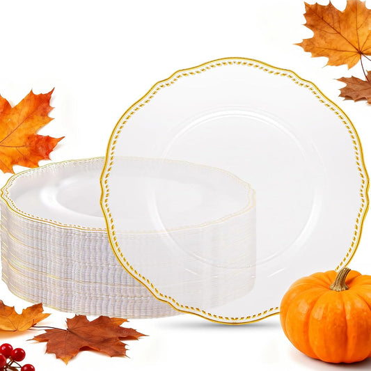 Hioasis 60pcs Clear Plastic Plates - Clear and Gold Disposable Dinnerware with Gold Rim, Heavy-duty, 10.25 inch, Dinner Plates for Party & Wedding