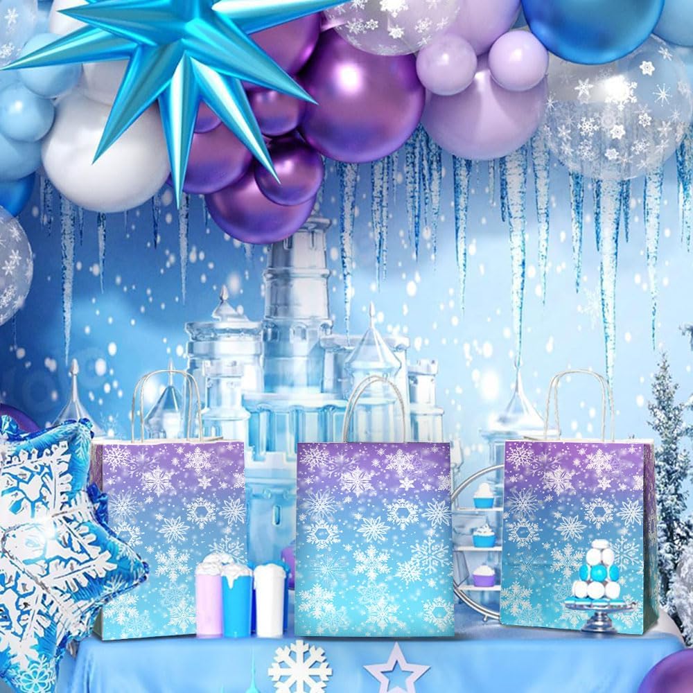 24 Pcs Snowflake Party Favor Bags with Handles - Winter Themed Goodie Gift Candy Kraft Paper Bags for Holiday Birthday Party Supplies Decorations