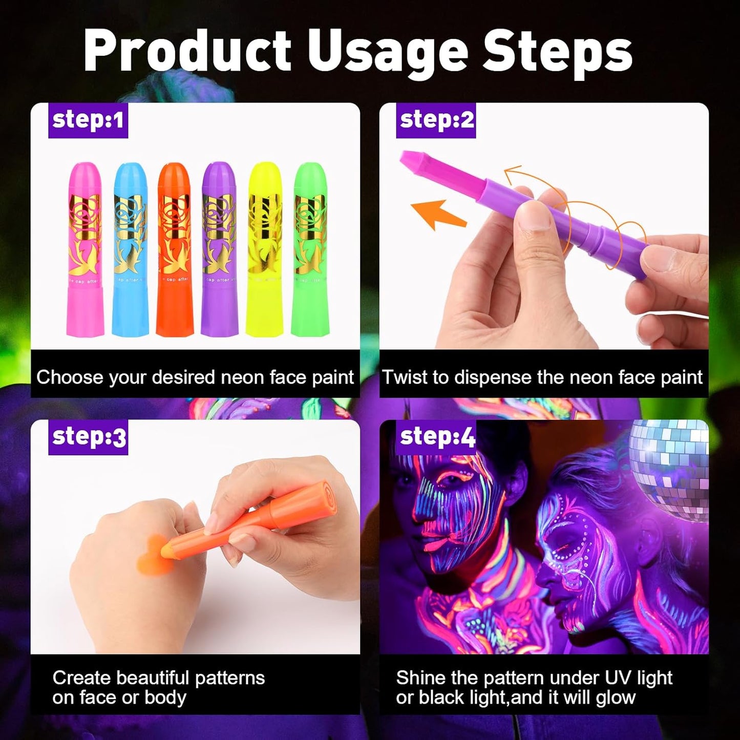 15PCS Glow Body & Face Paint,Glow in The Under UV Light or Black Light,Makeup Face Paint for Kids and Adults Halloween Club Birthday Party Masquerade,Neon Glow Party Supplies