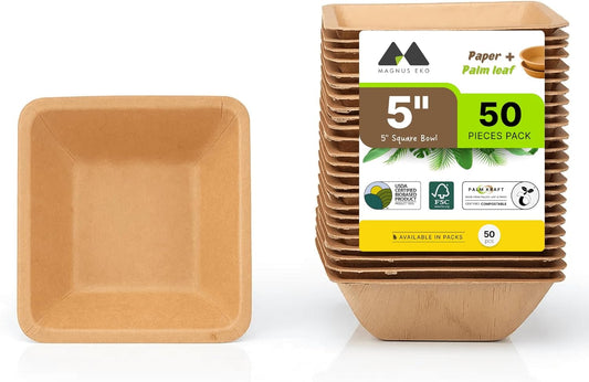 Palmkraft | 5" Square Dessert Bowl (50 Pcs), 10(oz) Disposable Sturdy Bowl Bamboo Like Party Pack, Compostable & Biodegradable Bowls for Desserts, Eco Friendly Alternative to Plastic