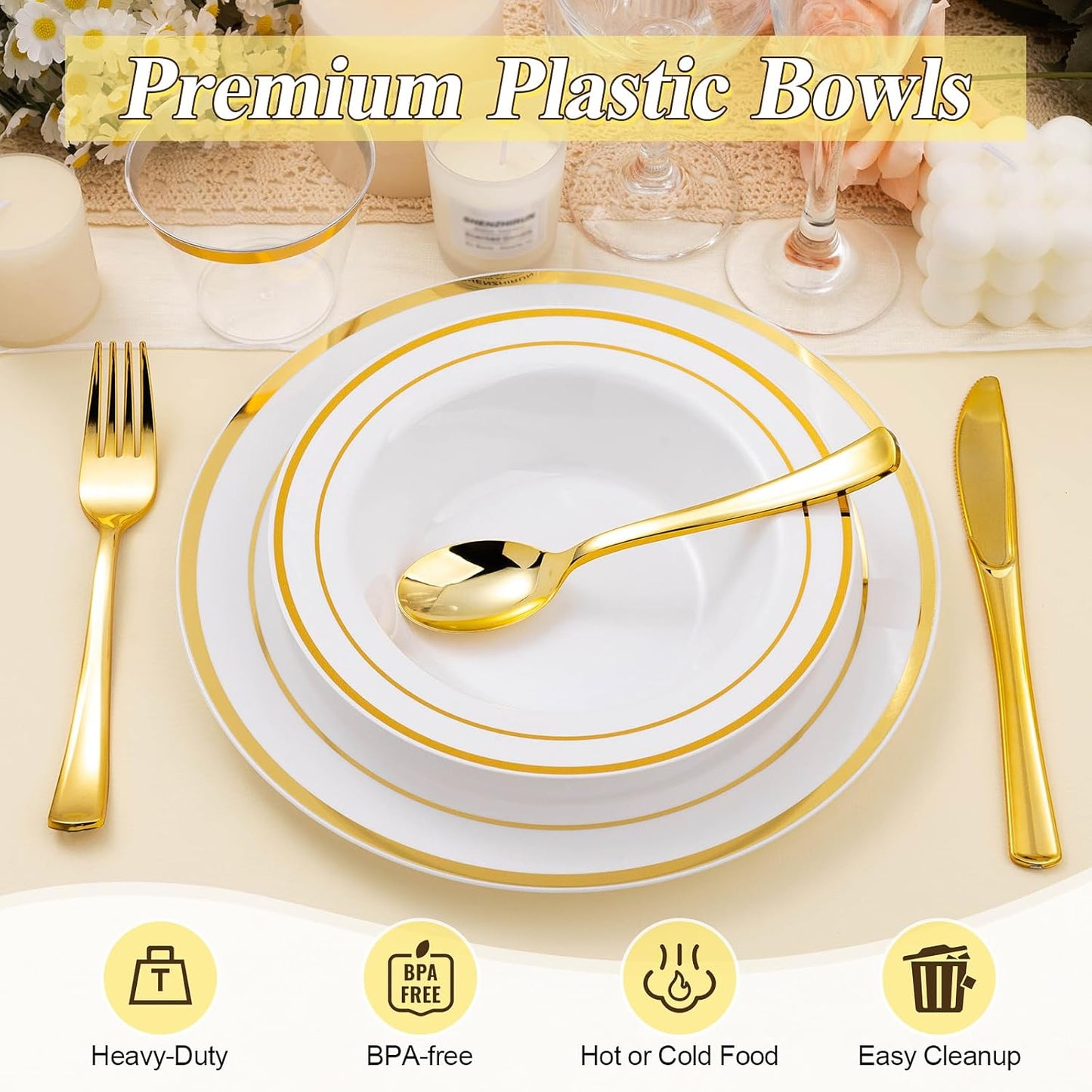 100 Pack Disposable Soup Bowls with Gold Rim, 12oz Premium Heavy Duty Plastic Dinner Bowls for Party, Wedding and Holiday