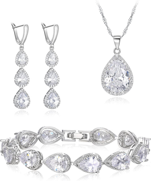 EleQueen Water Drop Pendant Necklace Long Dangle Earrings Tennis Bracelet Set, Sparkle Cubic Zirconia Teardrop Wedding Jewelry Sets for Bride Bridesmaid