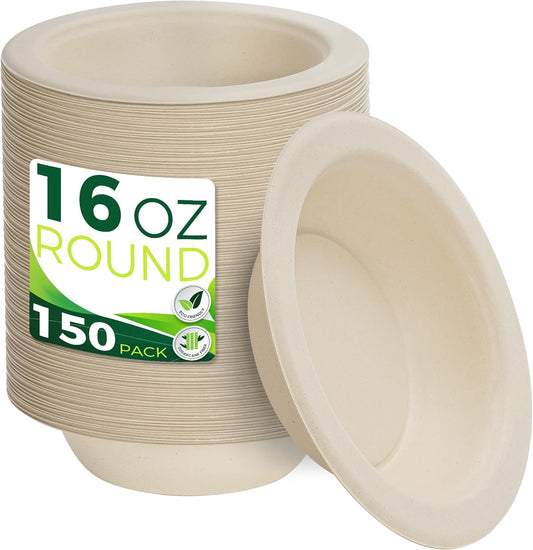 Paper Bowls 16 oz [150-Pack], Heavy Duty Disposable Bowls Perfect for Hot Soup and Milk Cereals, 100% Compostable and Eco-Friendly Made from Bagasse