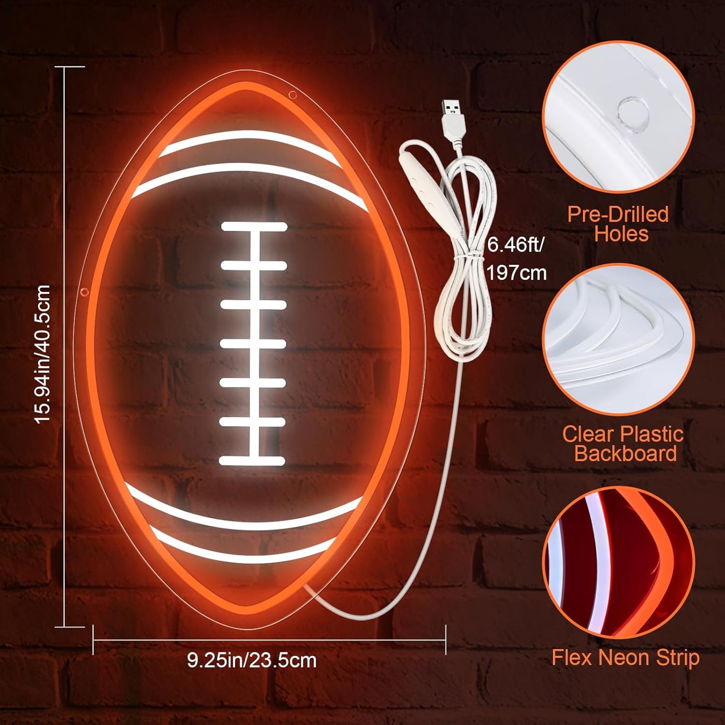 Football Neon Sign for Wall Decor, Football LED Signs for Teens, Dimmable USB-Powered Rugby Light with ON/OFF Switch for Kids, Man Cave, Boys' & Game Rooms, Gift for Rugby Fans