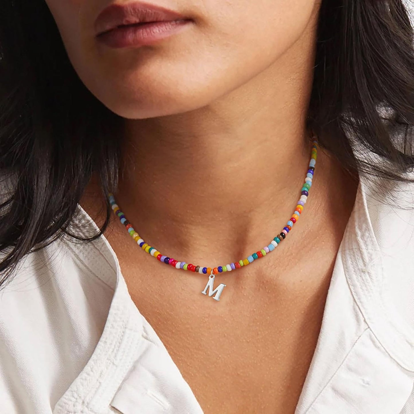 Yoosteel Christmas Gifts for Grandkids Teen Girls - Colorful Beaded Initial Necklace for Girls Kids Jewelry A-Z Letter Choker Necklace Birthday Gifts Stocking Stuffers for Teen Girl Women Kids Toddler
