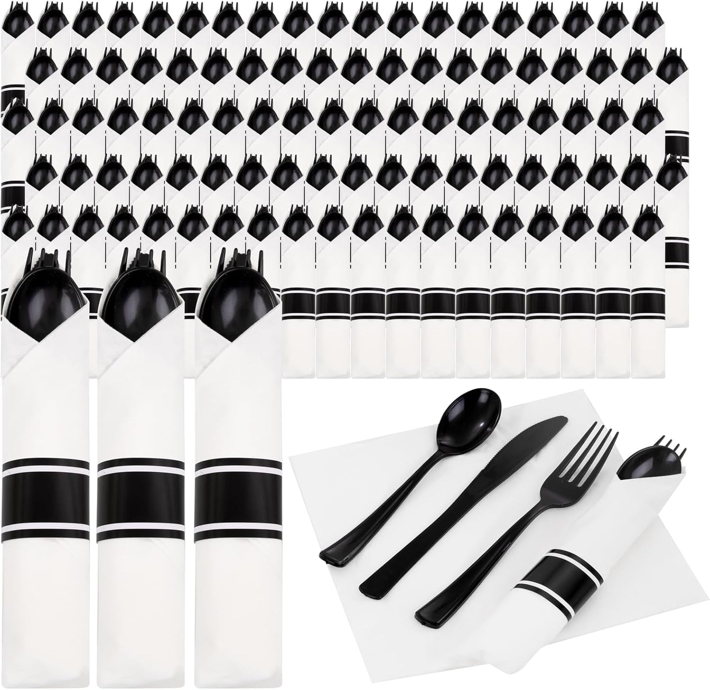 Supernal 120 Pack Black Plastic Silverware,Rolled Silverware Disposable,Pre Wrapped Cutlery Set with Napkin,Plastic Utensils Heavy Duty, Rolled Black Cutlery