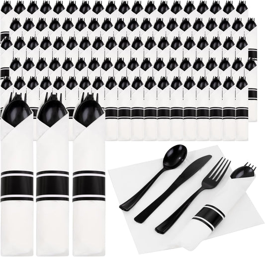 Supernal 120 Pack Black Plastic Silverware,Rolled Silverware Disposable,Pre Wrapped Cutlery Set with Napkin,Plastic Utensils Heavy Duty, Rolled Black Cutlery