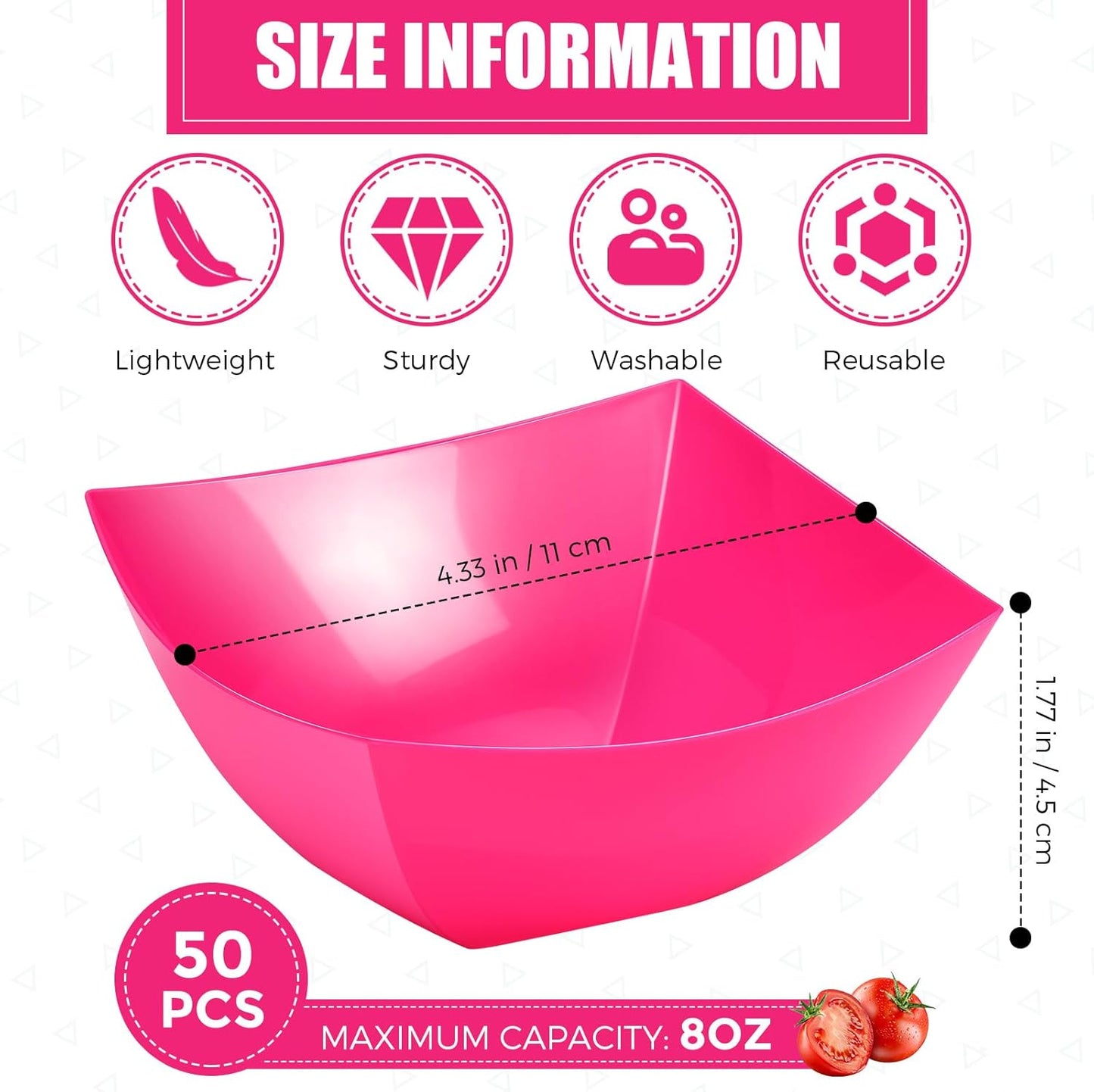 Tanlade 50 Pcs Square Plastic Serving Bowls Disposable Snack Salad Bowl Small Party Candy Bar Containers Taco Bar Serving Dishes for Buffet Chips Fruit(8 oz,Rose Red)