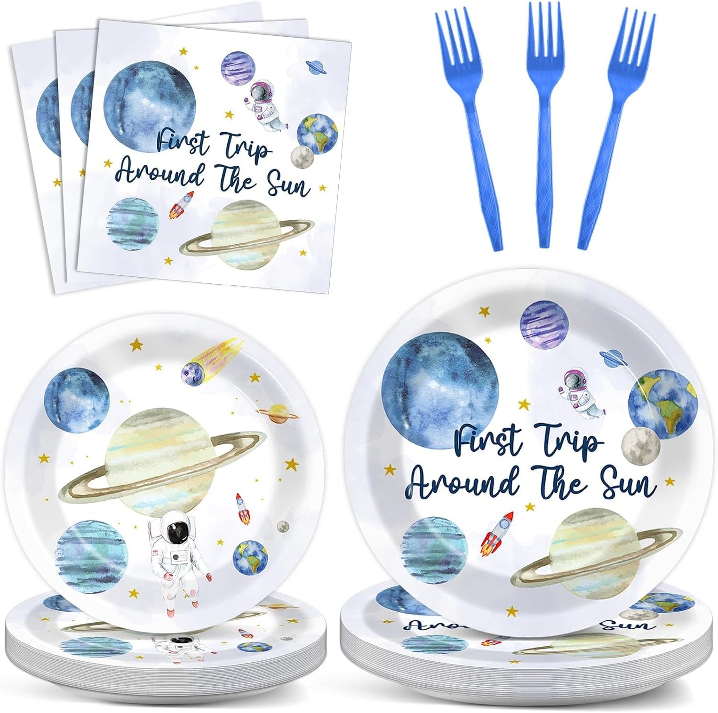 ZOIIWA 200 PCS First Trip Around the Sun Birthday Tableware Disposable 1st Space Party Supplies Outer Space Birthday Party Paper Plates Napkins Forks Baby Shower Decoration Serve 50 guest