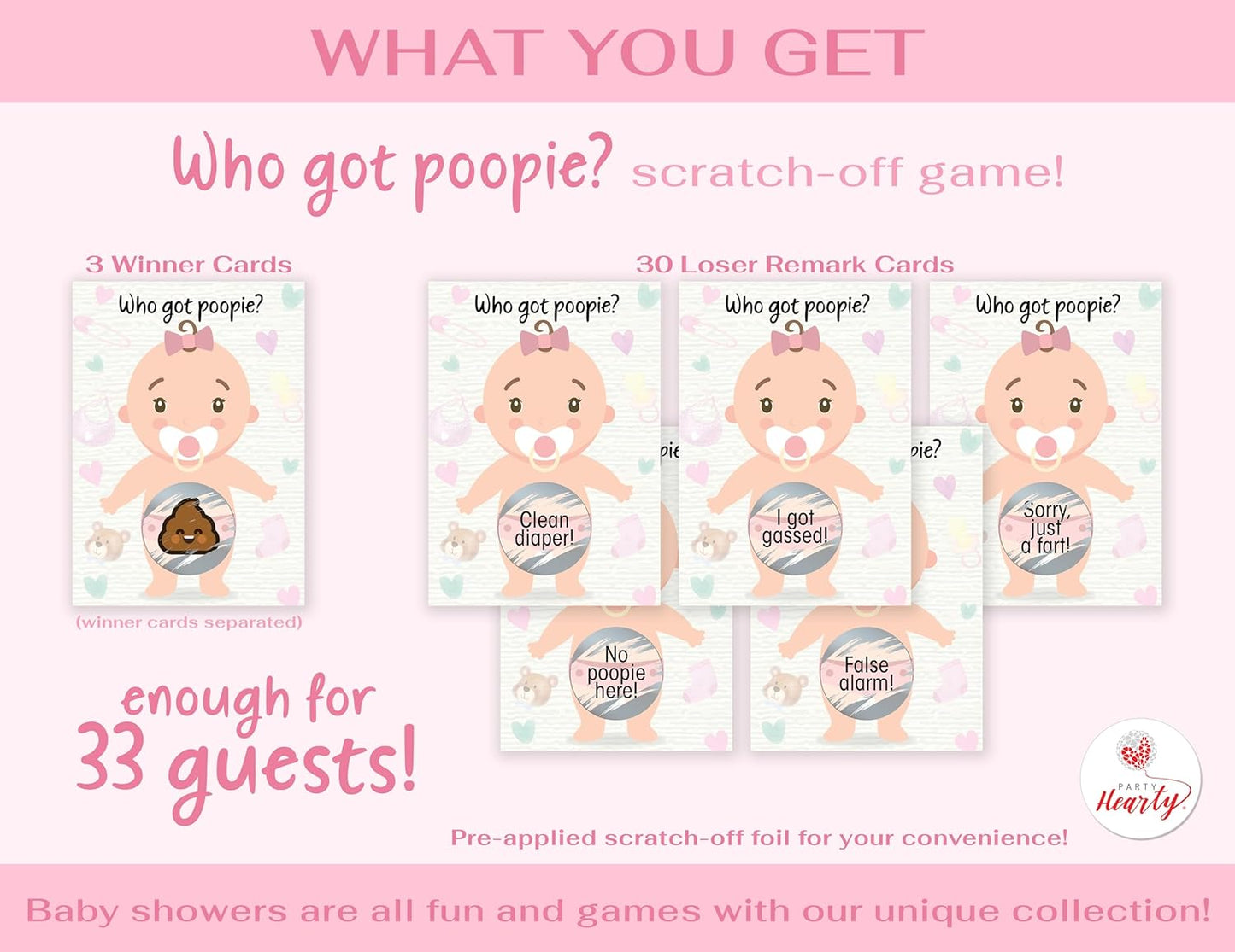 Party Hearty Baby Shower Games for Girl, 33 Poopie Emoji Scratch Off Lottery Tickets, Baby Games Ideas, Scratch Off Game