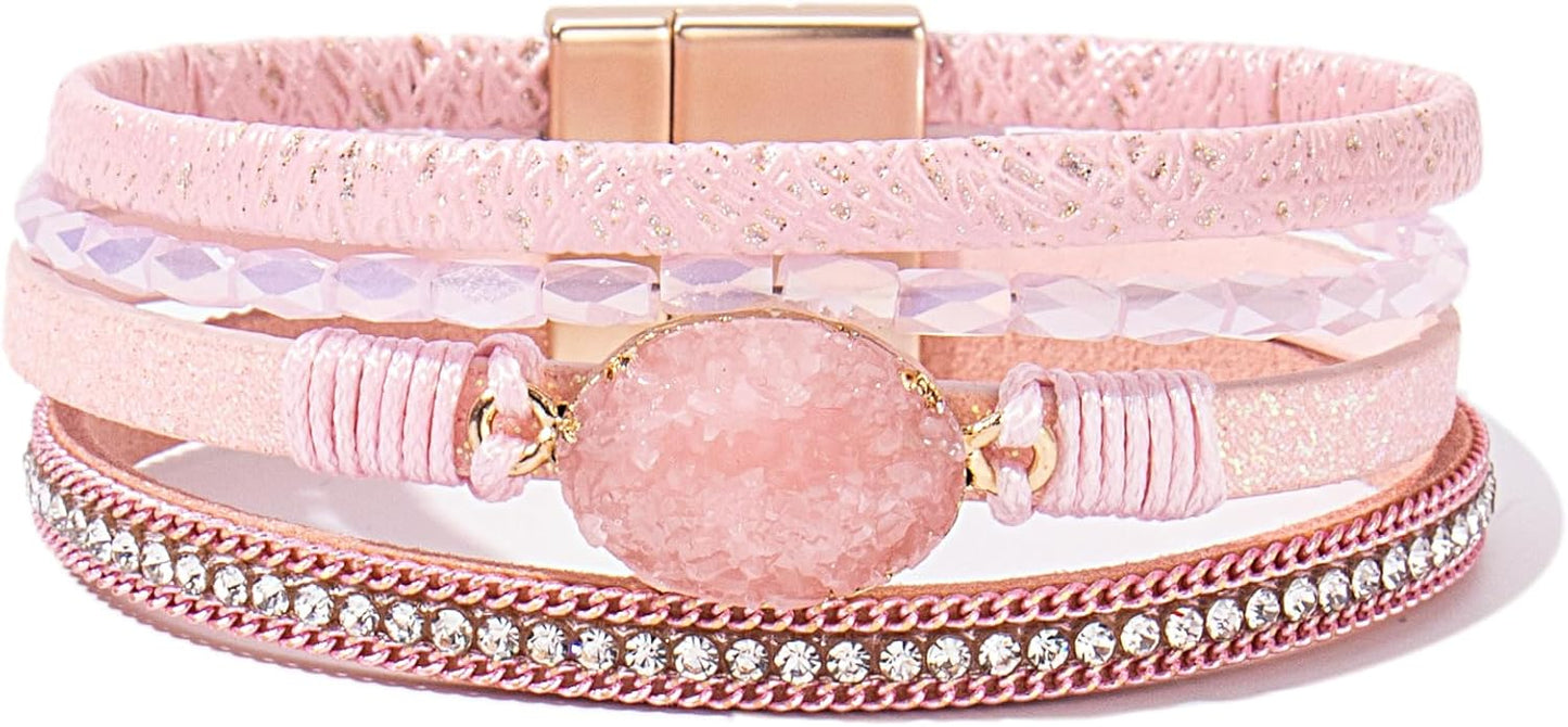 FANCY SHINY Leather Wrap Bracelet Boho Cuff Bangle Bracelets Crystal Bead Bracelet with Magnetic Clasp Jewelry Gifts for Women