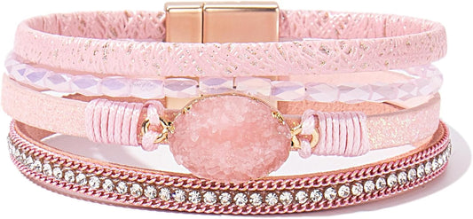 FANCY SHINY Leather Wrap Bracelet Boho Cuff Bangle Bracelets Crystal Bead Bracelet with Magnetic Clasp Jewelry Gifts for Women