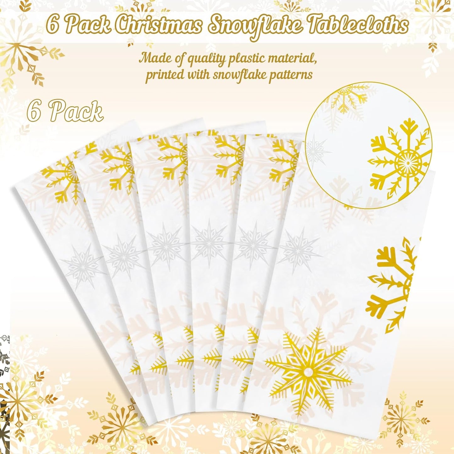 6 Pack Christmas Snowflake Plastic Tablecloth, 54 x 108Inch White and Gold Snowflake Table Cloth Disposable Waterproof Winter Snowflakes Table Cover for Winter Holiday New Year Party Supplies Decor