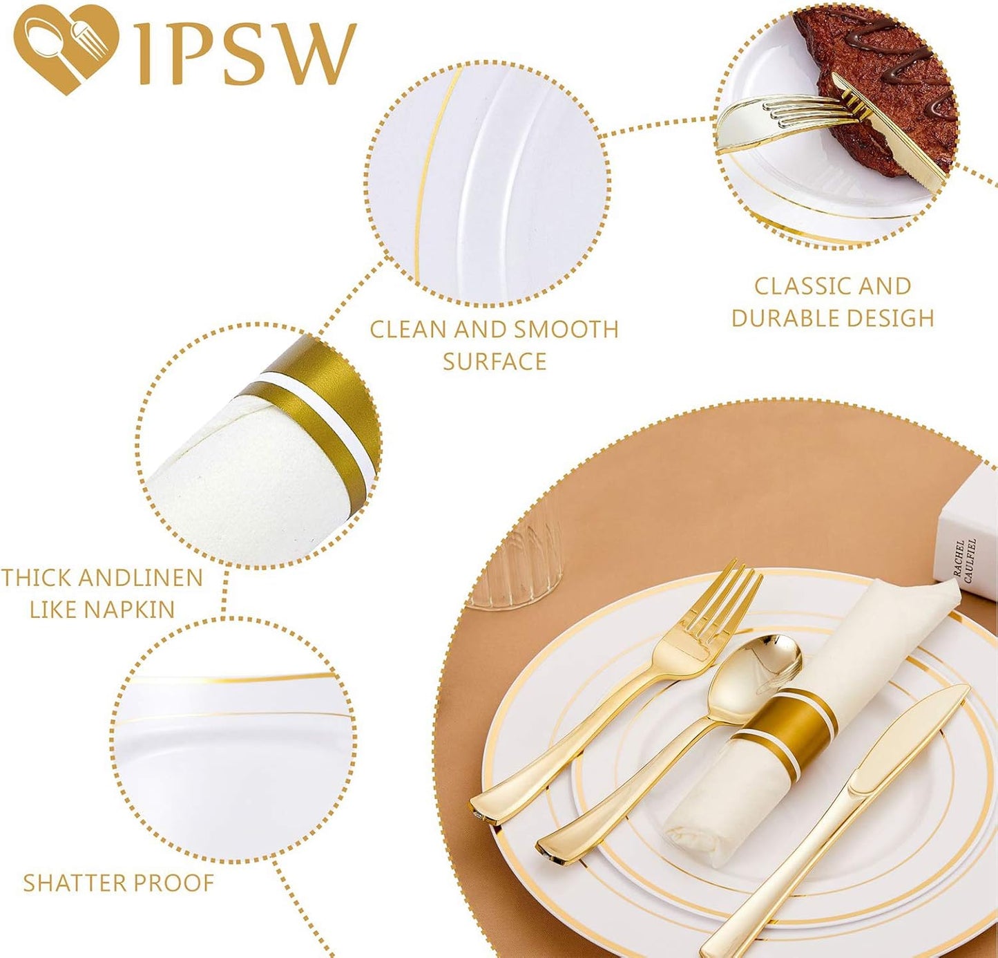 Gold Plastic Plates and Disposable Silverware w/Per-Rolled Napkins,Home Parties Heavy Duty Dinnerware incl Dinner Plates,Linen Like Napkin, Cutlery(72 pcs,12 Guests)