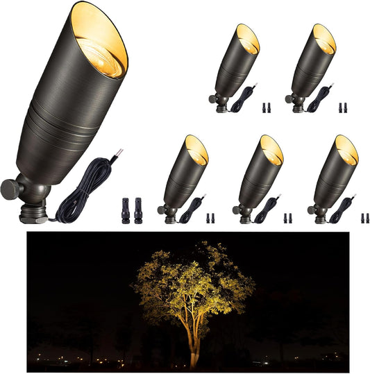 Gardenreet Low Voltage Spot Lights - Solid Brass Landscape Spotlight Wired, 12V Outdoor LED Uplights Waterproof, Electric Bronze Adjustable Focus for Patio Wall Without MR16 Bulb (6 Pack)