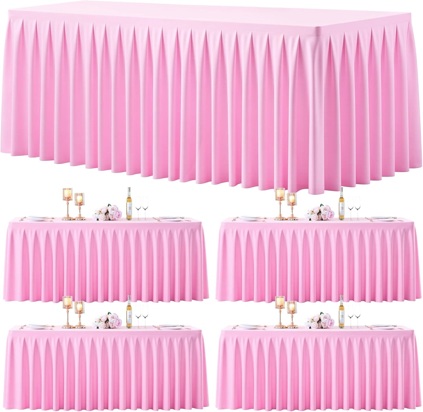 4 Pack Pink Rectangle Tablecloth 6 FT Stretch Spandex Fitted Table Cloth for 6 Foot Rectangle Tables Banquet Tablecloths Wrinkle Free Table Cover Skirt Ruffle Tablecloth for Party Wedding Birthday