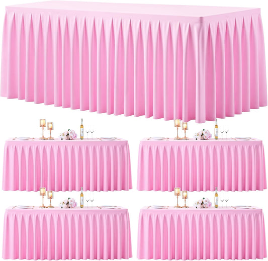 4 Pack Pink Rectangle Tablecloth 8 FT Stretch Spandex Fitted Table Cloth for 8 Foot Rectangle Tables Banquet Tablecloths Wrinkle Free Table Cover Skirt Ruffle Tablecloth for Party Wedding Birthday