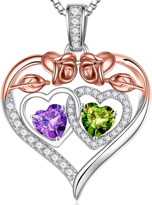 Iefil Double Birthstone Necklace Gifts for Wife Girlfriend Her Women, Birthstone Jewelry Gemstone Valentines Birthday Gifts for Her Women Wife Mom Grandma