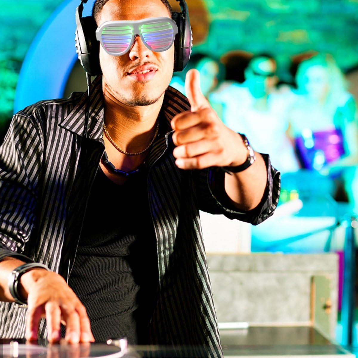 GS GLOWSEEN LED Light Up Shutter Sunglasses Sound Reactive - USB Rechargeable Rave Glasses for Party, Music Festival- White