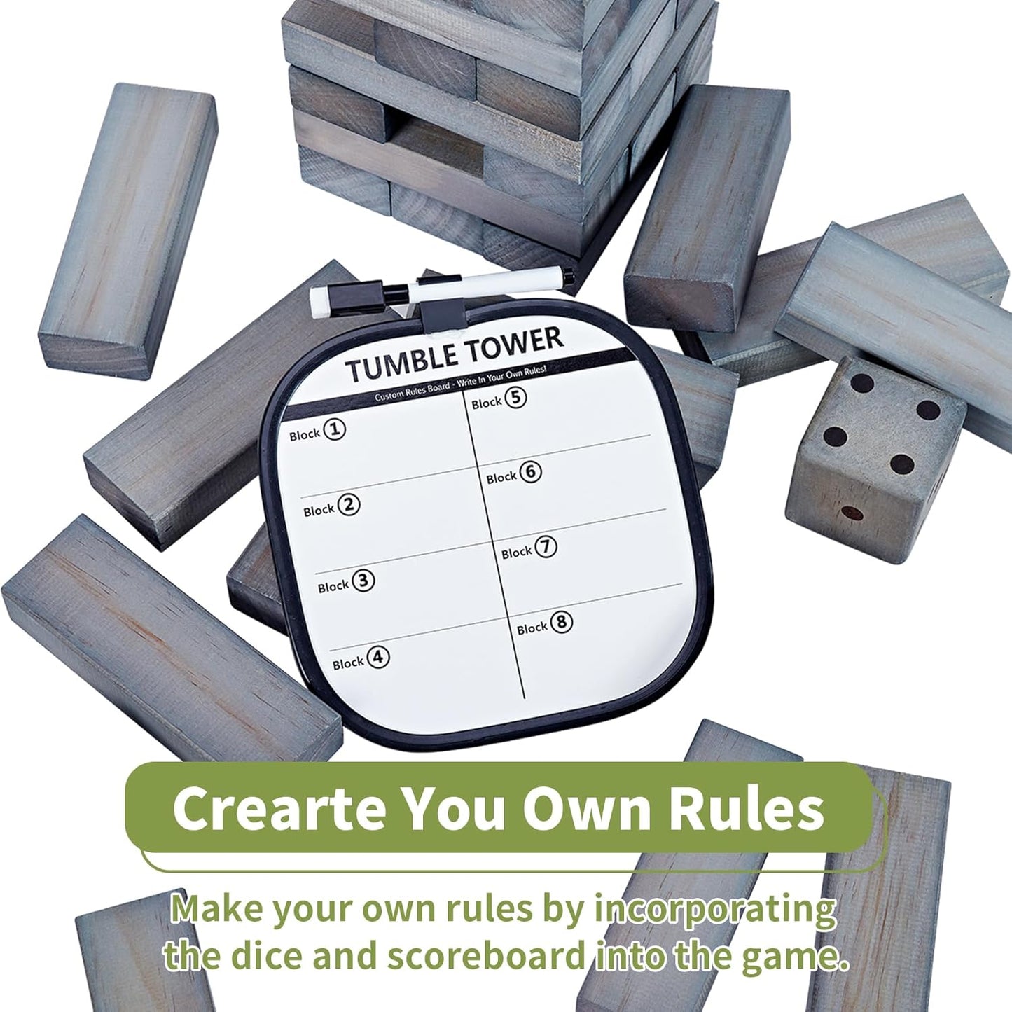 ApudArmis Giant Tumble Tower Stack to Over 5Ft, 60 PCS Pine Wooden Stacking Timber Game with 1 Dice Set - Classic Block Giant Outdoor Game (7.48 * 2.48 * 1.5 in Each Block, Gray)