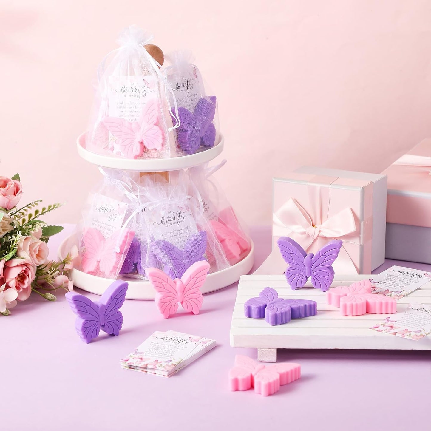 50 Sets Butterfly Themed Baby Shower Favors Butterfly Soap with Thank You Cards Gift Bag for Guest Gender Reveal Party Decorations Baby Shower Game Prizes Wedding Favor(Pink and Purple)