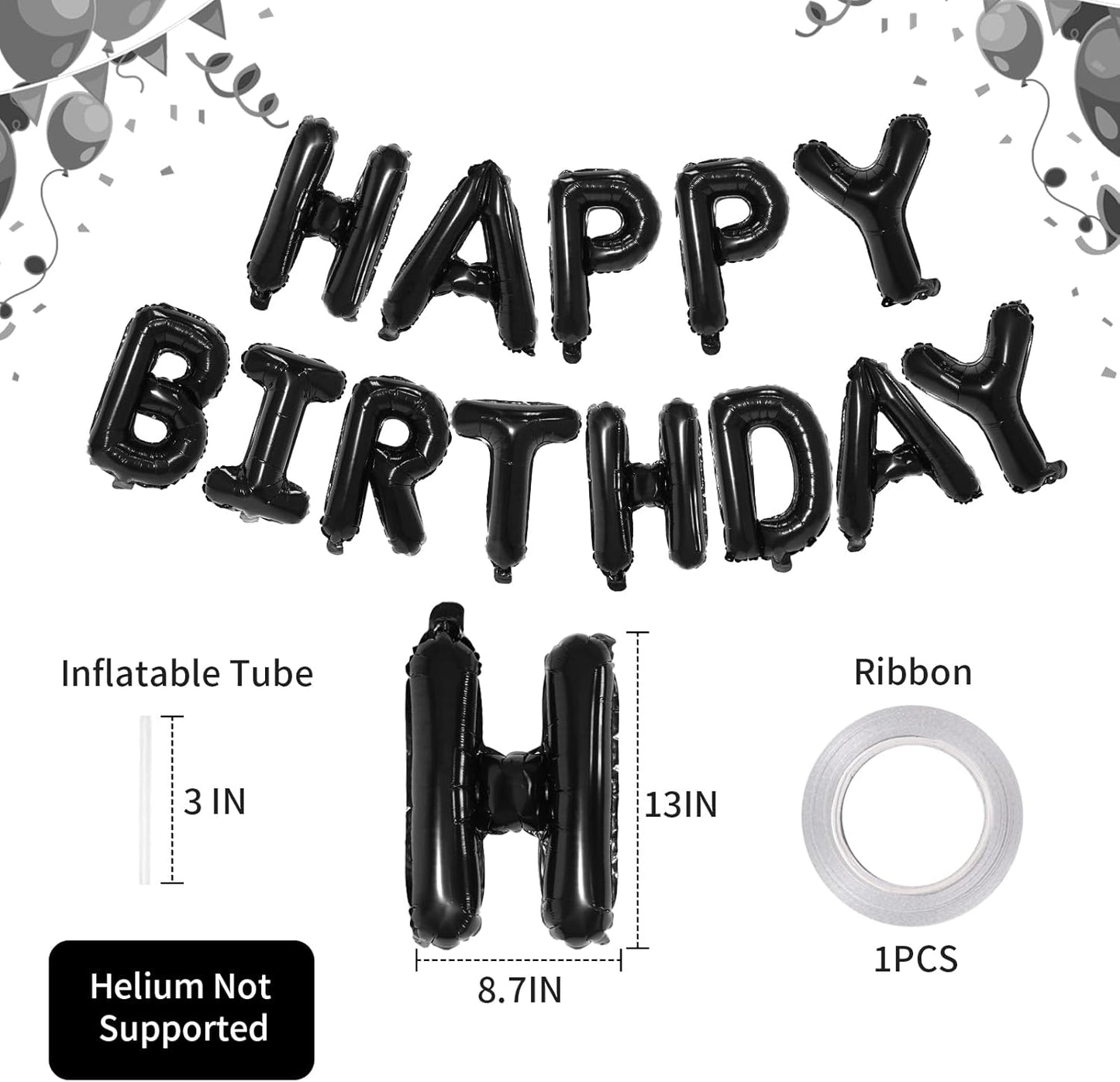 Black Happy Birthday Balloon Banner, 16 Inch Foil Mylar Happy Birthday Balloons Letters, Reusable Happy Birthday Sign, Black Birthday Decorations for Women, Men, Boys and Girls