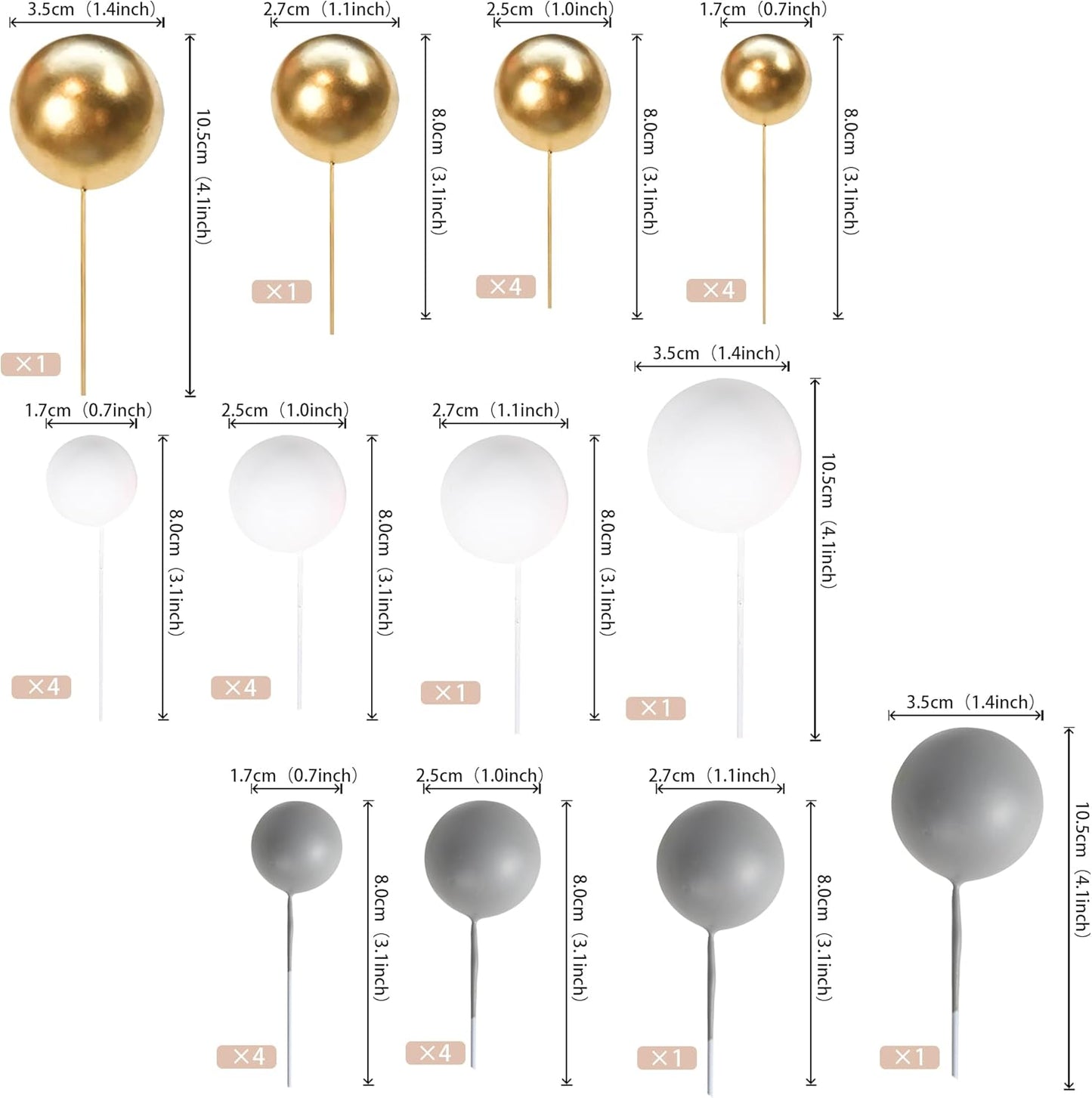 24 PCS Ball Cake Toppers Balls Cupcake Toppers Insert Foam Ball Cake Picks Mini Balloon Cake Decoration for Wedding Baby Shower Birthday Party Cake Decorations Supplies Dark Grey Gold White