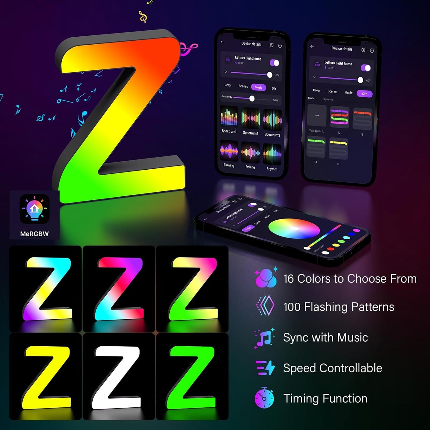 Light Up Letters Marquee Letter - Music Sync RGB Color Changing LED Lights Letter Logo Game Lights for Girls Women Party Birthday Christmas Valentine's Day Wall Desktop Decoration (MRGB-Z)