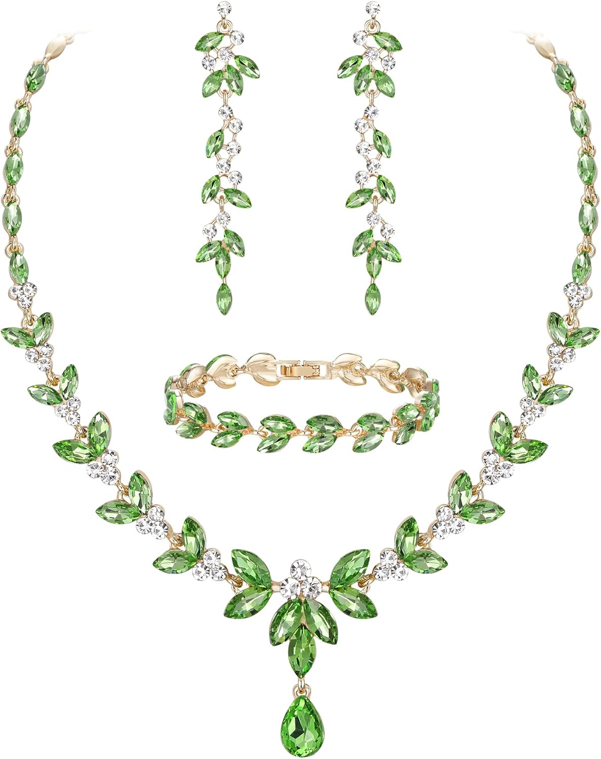 EVER FAITH Austrian Crystal Bridal Bridesmaid Jewelry Sets, Elegant Marquise Rhinestone Leaf Necklace Dangle Earrings Tennis Bracelet Set for Women