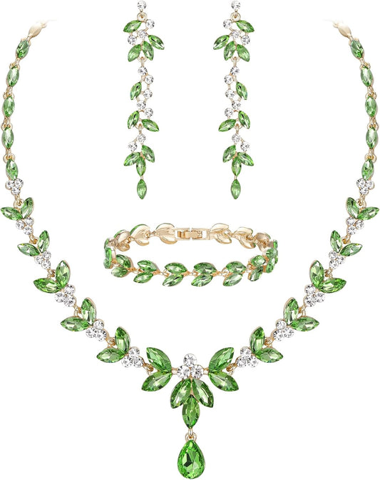 EVER FAITH Austrian Crystal Bridal Bridesmaid Jewelry Sets, Elegant Marquise Rhinestone Leaf Necklace Dangle Earrings Tennis Bracelet Set for Women
