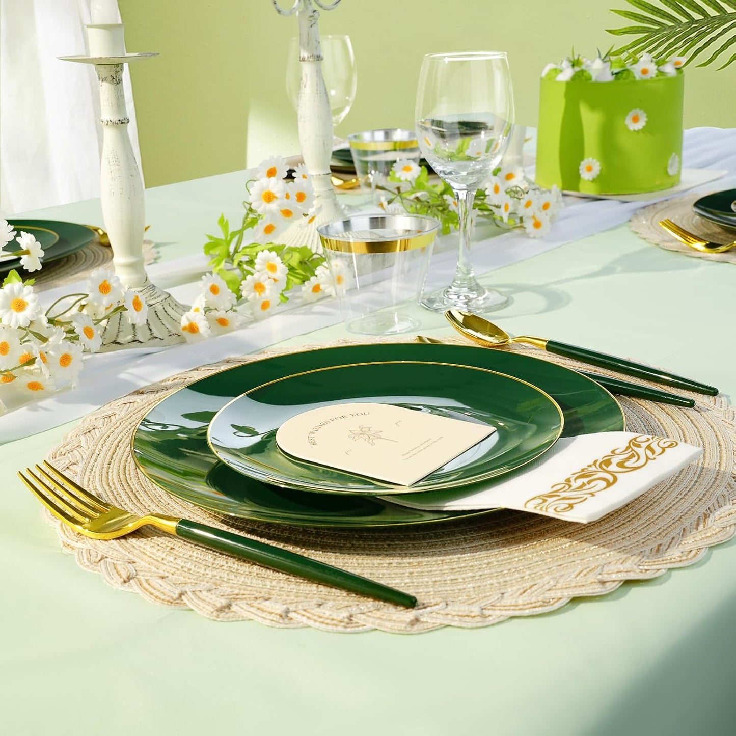 350 Pieces Green Gold Plastic Dinnerware Set, Gold Disposable Plates for Party, Include 100 Green Plates with 150 Plastic Cutlery, 50 Napkins and 50 Cups