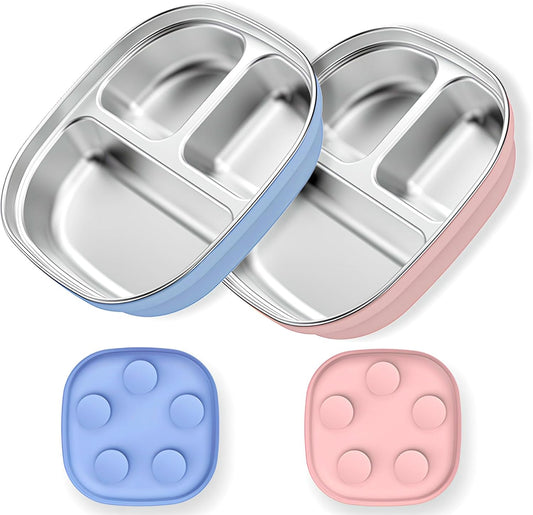 Stainless Steel Toddler Plates with Suction | Non-Slip Divided Baby Plates BPA Free & Non Toxic | Detachable Silicone Base| Dishwasher Safe | Unbreakable Kids Dinnerware 2-pack（Blue + pink）