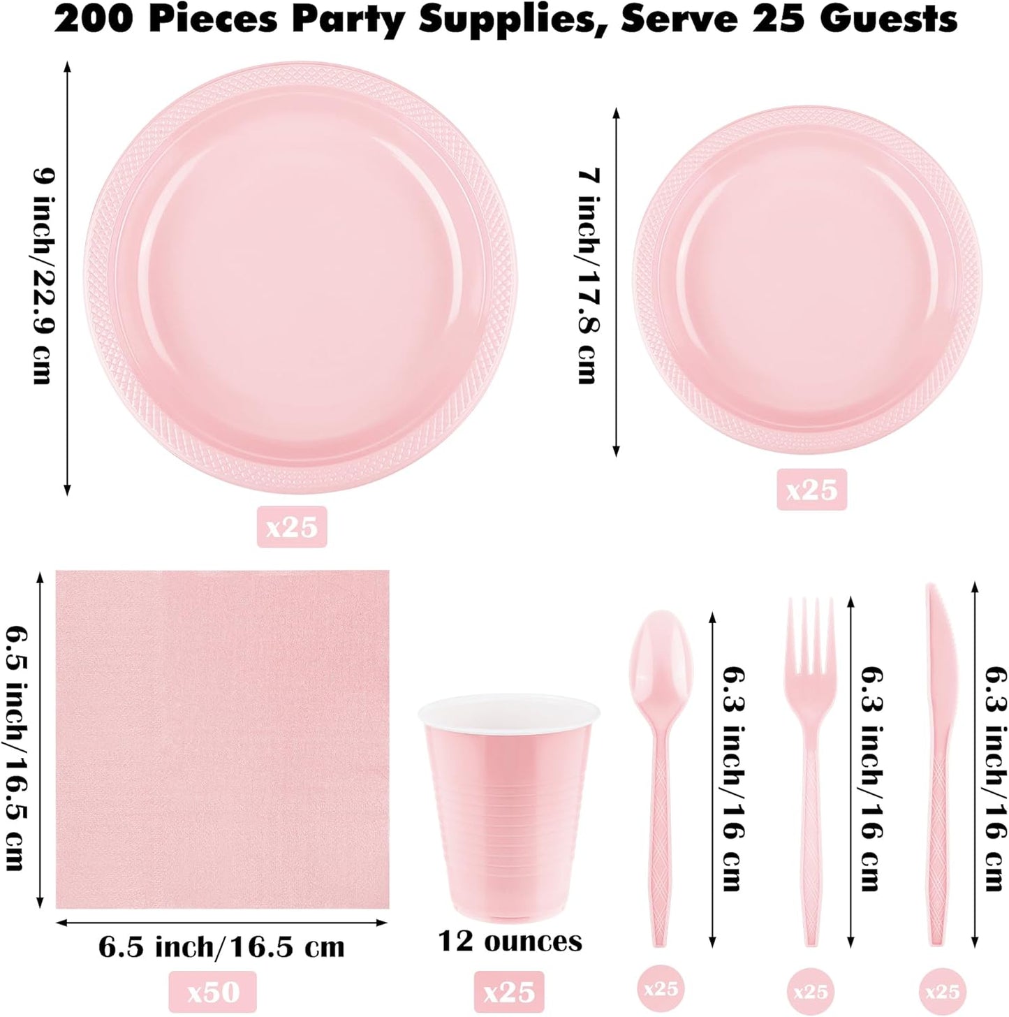 Aodaer 200 Pieces Pink Party Supplies Disposable Dinnerware Set Include Plastic Plates Cups Knives Forks Spoons Paper Napkins for Birthday Wedding Graduation Parties, Serve 25 Guests