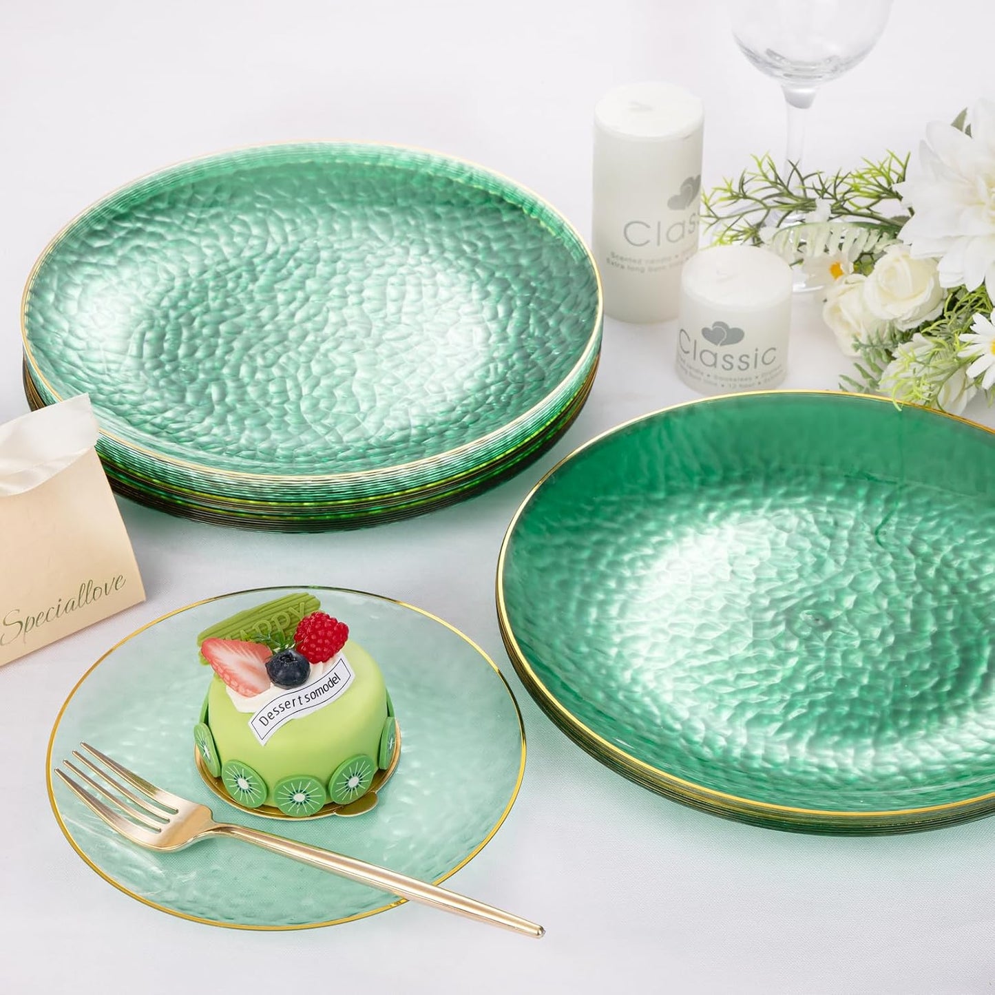 Rubtlamp 100 Clear Green Gold Plastic Plates, Hammered Clear and Gold Disposable Plates Include 50 Dessert Platos, 50 Dinner Platos for Party