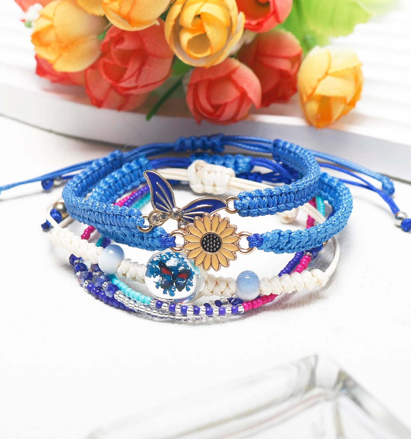 DS 4PCS String beads Charm Bracelets for Teen Girls Dainty cute cartoon Butterfly Daisy Eternal flower Beads Bracelets set for woman and girls Adjustable Stretch bracelet birthday Gift For Friends