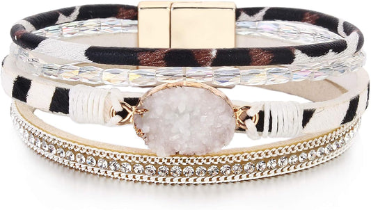 FANCY SHINY Leather Wrap Bracelet Boho Cuff Bangle Bracelets Crystal Bead Bracelet with Magnetic Clasp Jewelry Gifts for Women