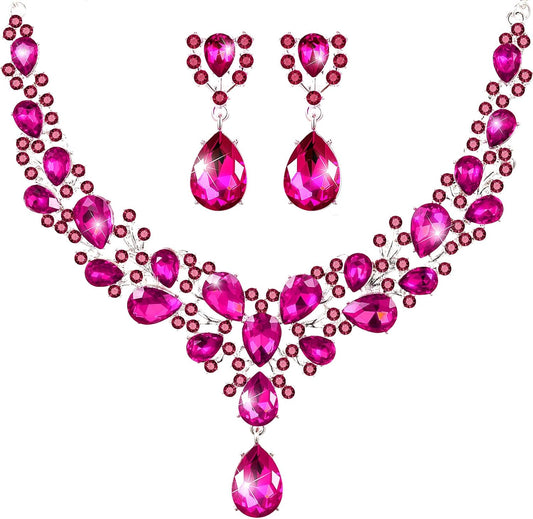 Hicarer Bridal Teardrop Cluster Crystal Jewelry Set for Women Necklace Earrings Wedding