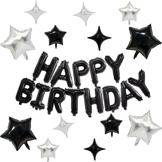 KALOR Black Happy Birthday Balloons Kit with16 Inch Mylar Foil Letters Balloon and Silver Star Balloons for Women, Men, Boys & Girls Kids Birthday Decorations Photo Backdrop