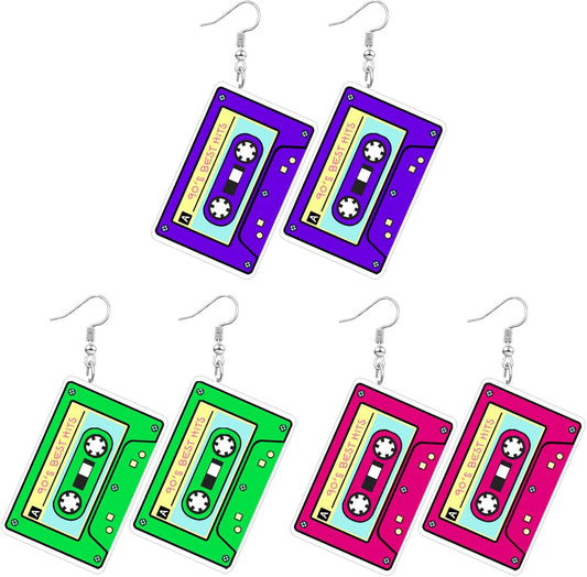 80s 90s Neon Earrings for Women Retro Cassette Tape Hoop Earring Candy Color Lightweight Acrylic Stud Dangle Earrings for 80S Costume Outfits Dancing Glow Party Accessories