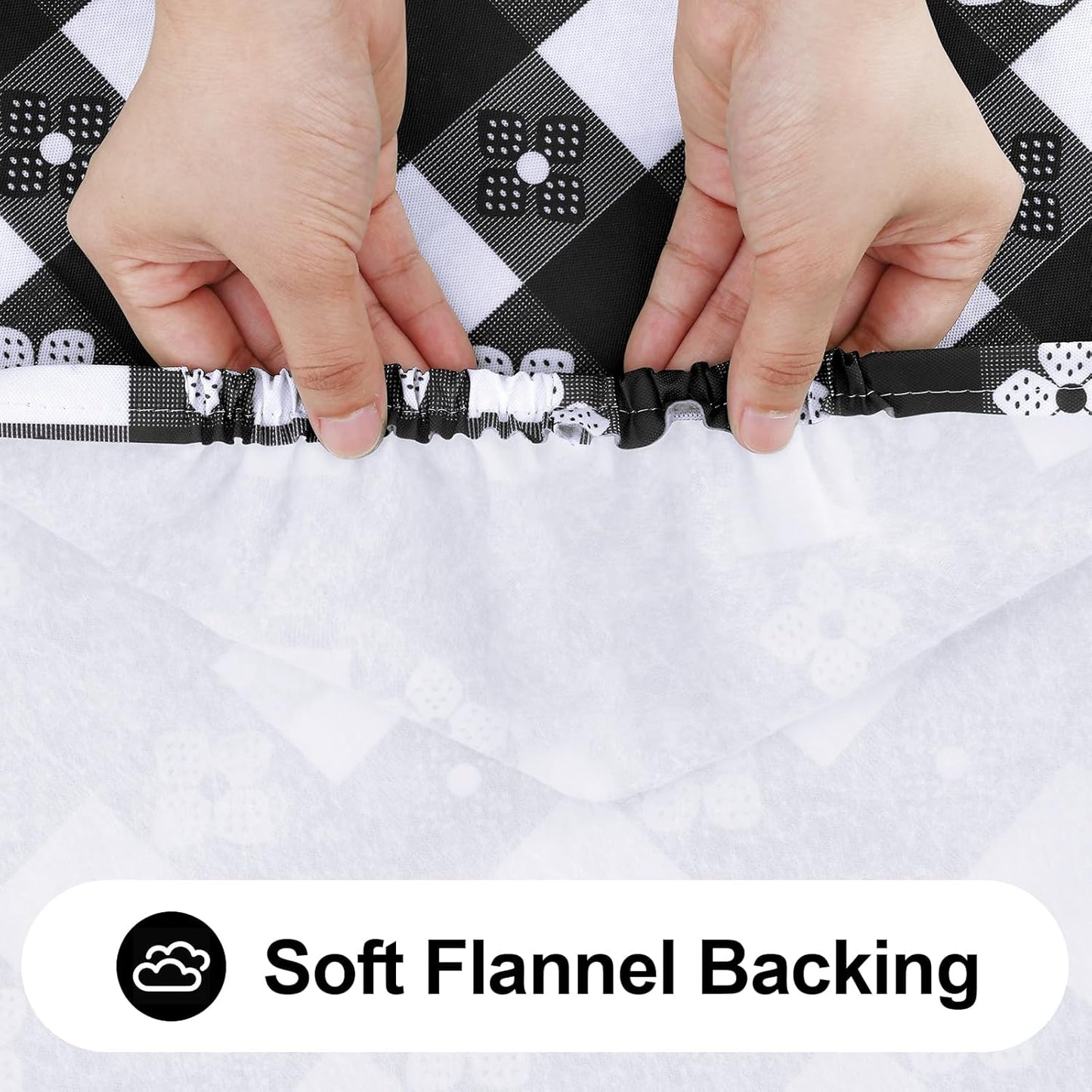 Rectangle Vinyl Table Cloth, Waterproof Elastic Fitted Tablecloth with Flannel Backing, Plastic Table Cover for Picnic, Camping, Outdoor (Black & White, 30"x96")