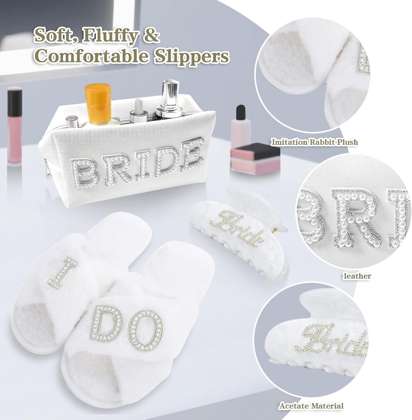Bridal Shower Gifts, Bride To Be Gift Set, Wedding Gifts for Bride, Bachelorette Gifts for Bride, Engagement Gift for Her, Bachelor Party Christmas Gifts, Makeup Bag, I DO Slippers, Hair Clip