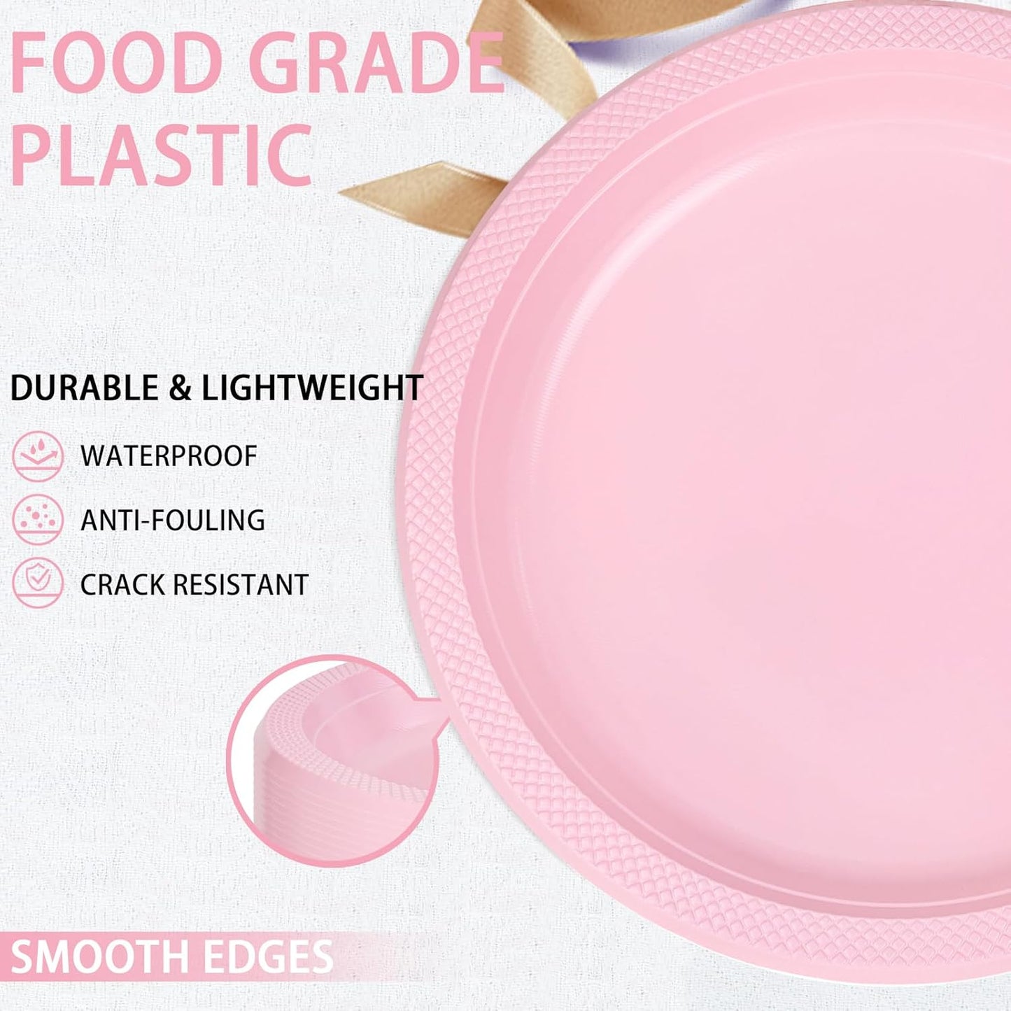 WELLIFE Pink Plastic Plates 10 Inch -150 Count for Party, Disposable Plastic Party Plates for Easter Mother's Day Baby Shower Dinner Dessert Cake Light Pink