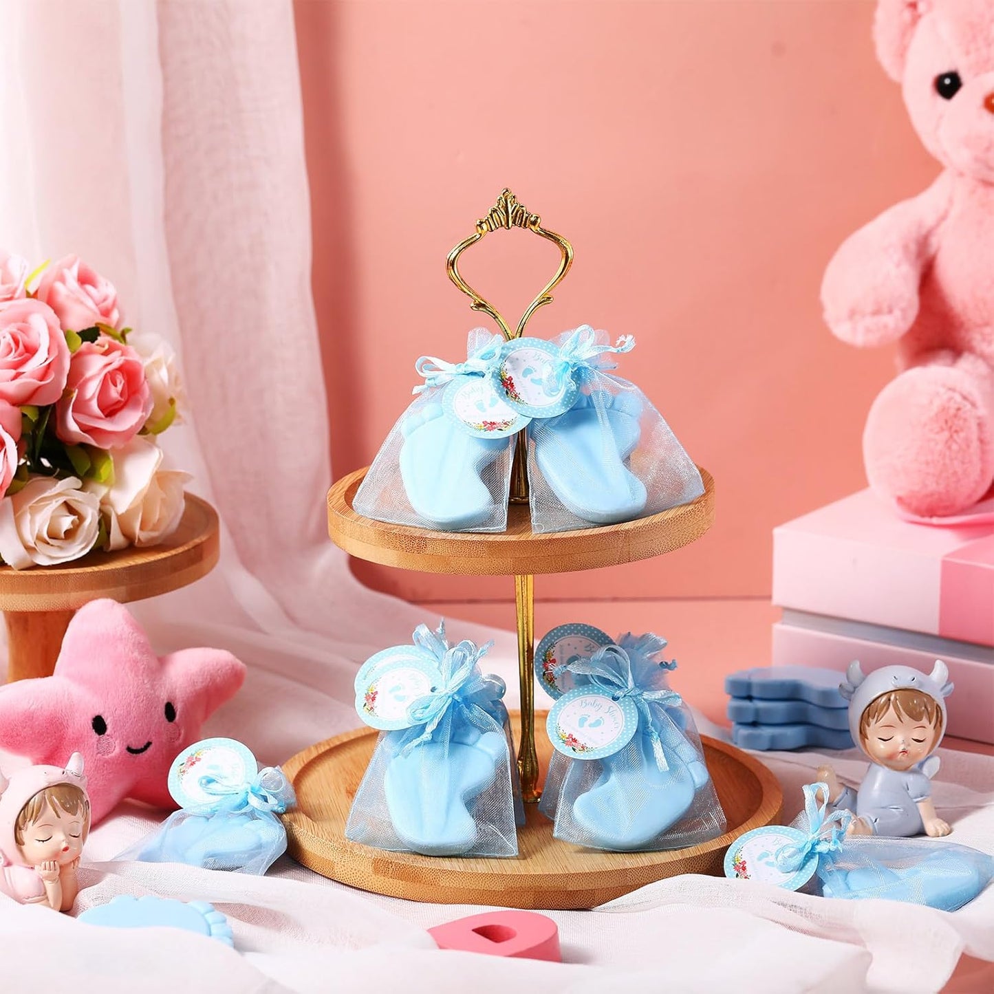50 Sets Baby Shower Favors Handmade Baby Feet Scented Soap Party Favors for Guests Gifts with Organza Bags and Thanks Tags Wedding Party(Blue)